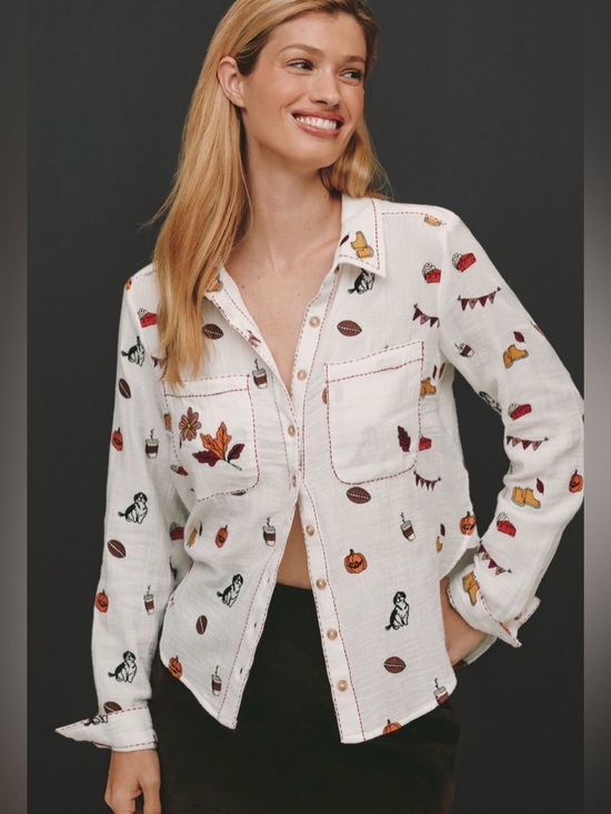Pilcro Tops - Anthropologie Pilcro Embroidered Icon Buttondown Shirt, XXS NWT